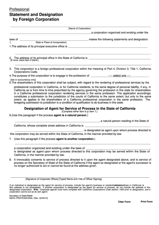 Fillable Form S&dc-Professional - Professional Statement And Designation By Foreign Corporation - 2012 Printable pdf