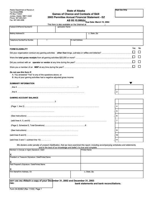 Form 04-833ez - Permittee Annual Financial Statement - 2003 Printable pdf