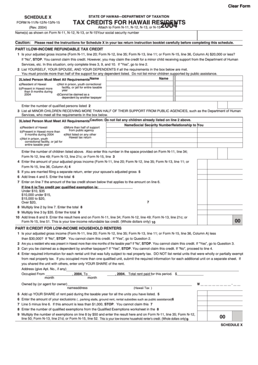 Fillable Form N-11/n-12/n-13/n-15 - Schedule X - Tax Credits For Hawaii Residents - 2004 Printable pdf