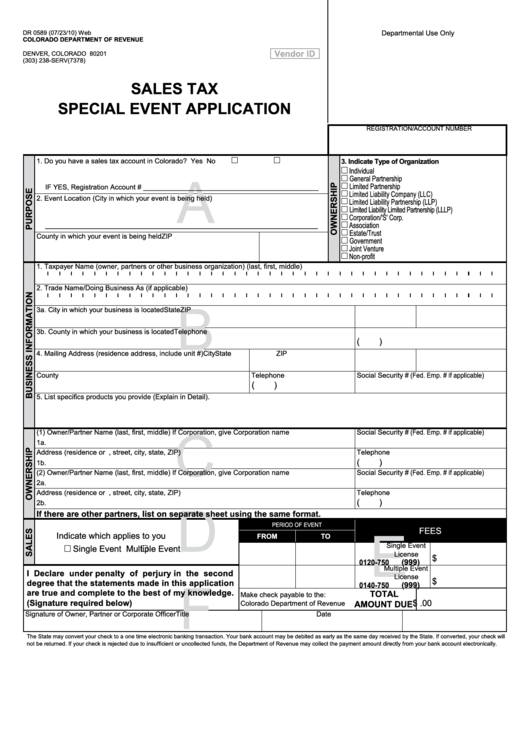 Form Dr 0589 - Sales Tax Special Event Application - 2010 Printable pdf