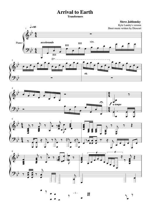Arrival To Earth (Transformers Ost) - Steve Jablonsky, Piano Arrangement By Kyle Landry Printable pdf