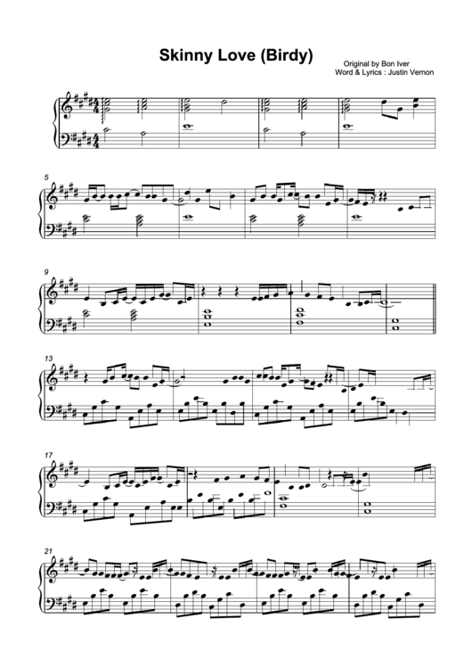 Skinny Love (Birdy) Piano Sheet Music Printable pdf