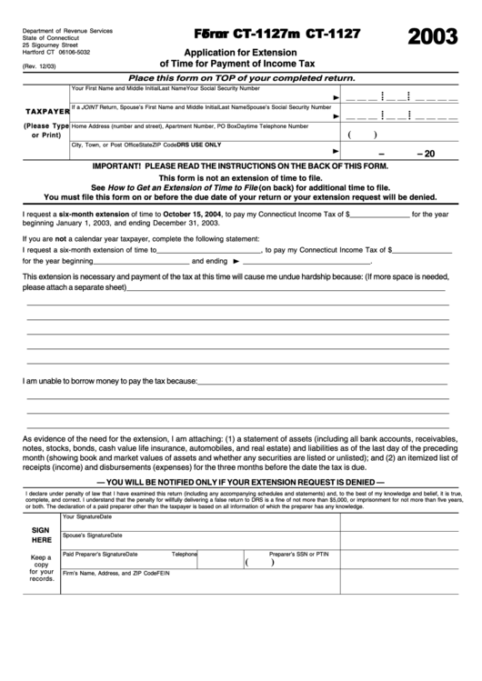 Form Ct-1127 - Application For Extension Of Time For Payment Of Income Tax - 2003 Printable pdf
