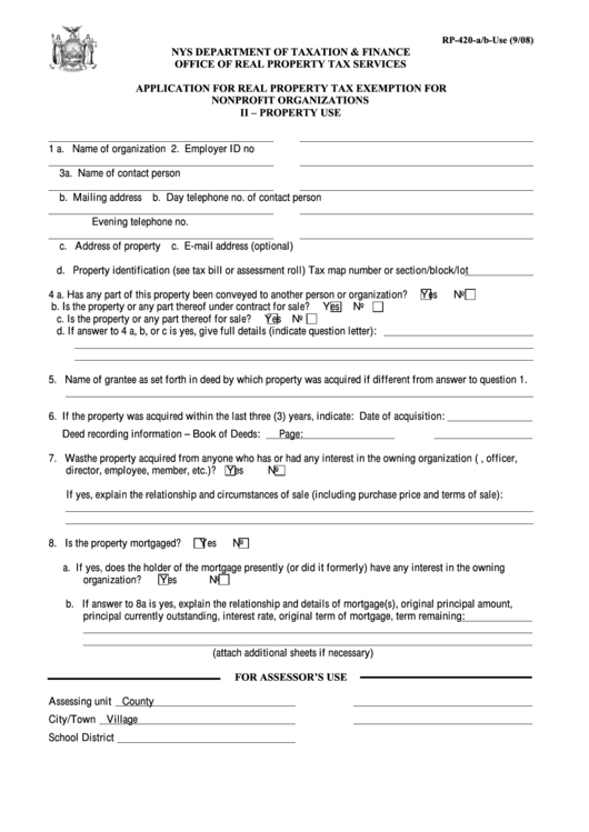 Fillable Form Rp-420-A/b-Use - Application For Real Property Tax Exemption For Nonprofit Organizations Ii - Property Use - 2008 Printable pdf