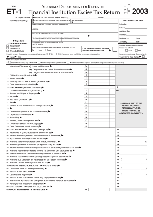 Form Et-1 - Financial Institution Excise Tax Return - Alabama Department Of Revenue - 2003 Printable pdf