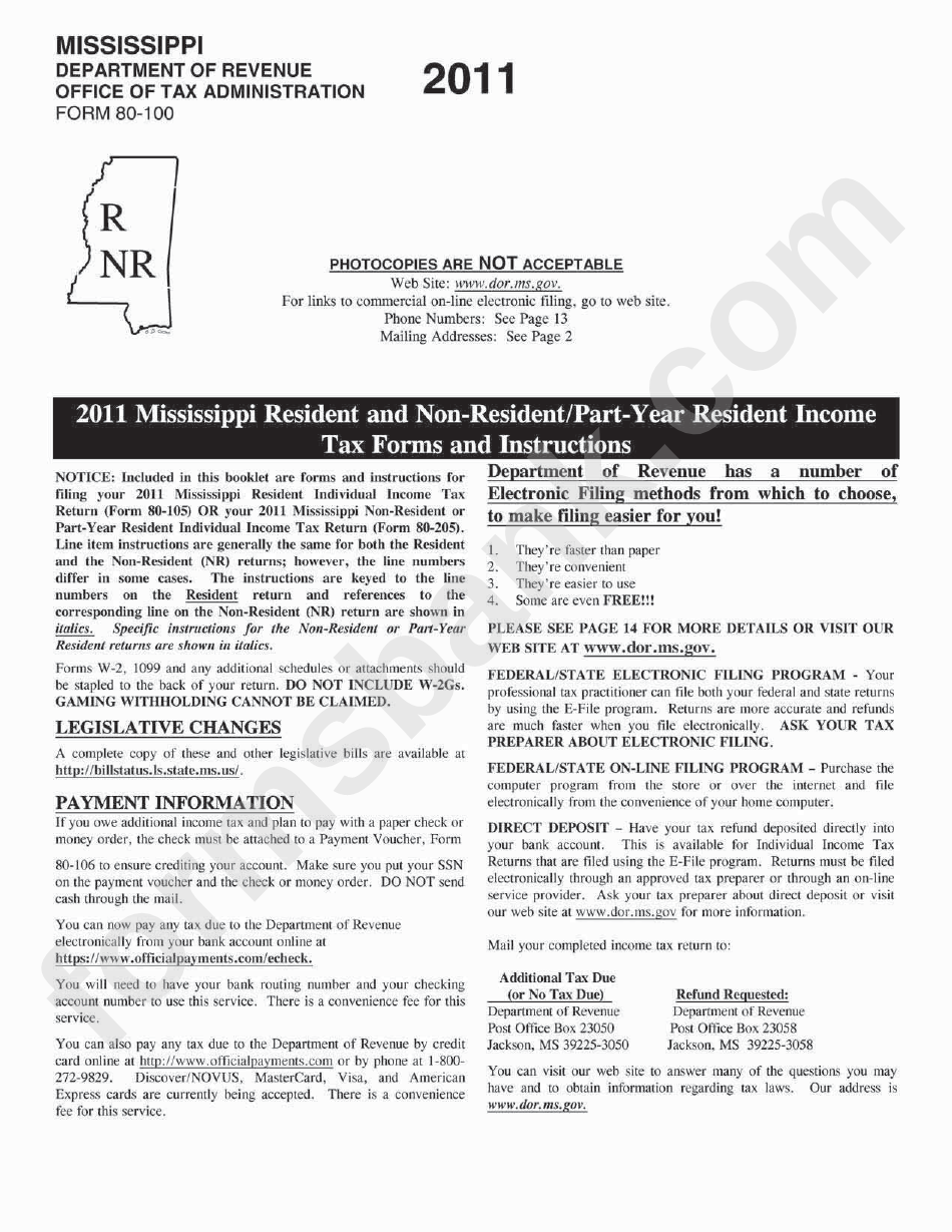 Form 80-100 - Mississippi Resident And Non-Resident/part-Year Resident Income Tax Forms And Instructions - Ms Dept.of Revenue - 2011