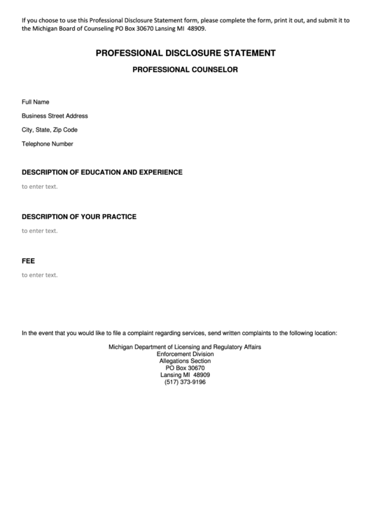 Professional Disclosure Statement Form - City Of Lansing Printable pdf