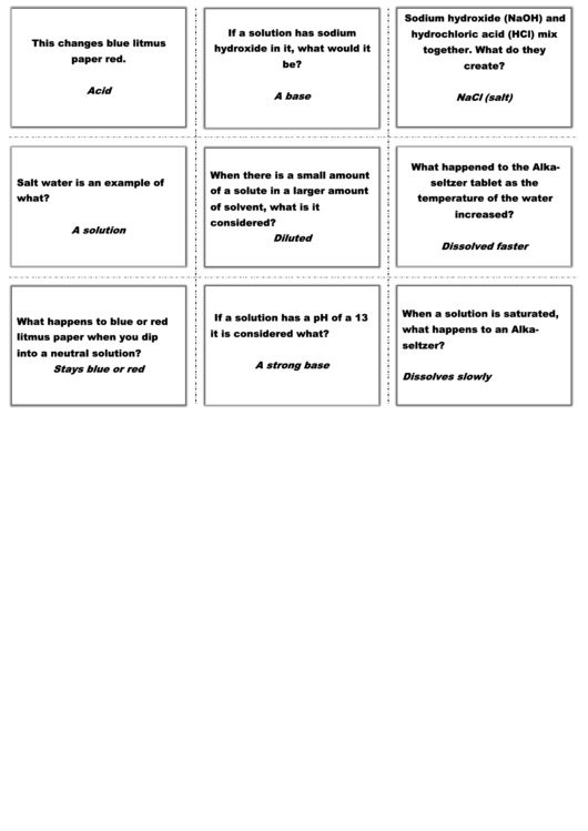 Chemistry Quiz Cards Template (With Answers) Printable pdf