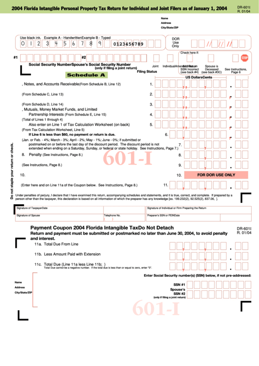 Form Dr-601-I - Florida Intangible Personal Property Tax Return For Individual And Joint Filers As Of January 1, 2004 Printable pdf
