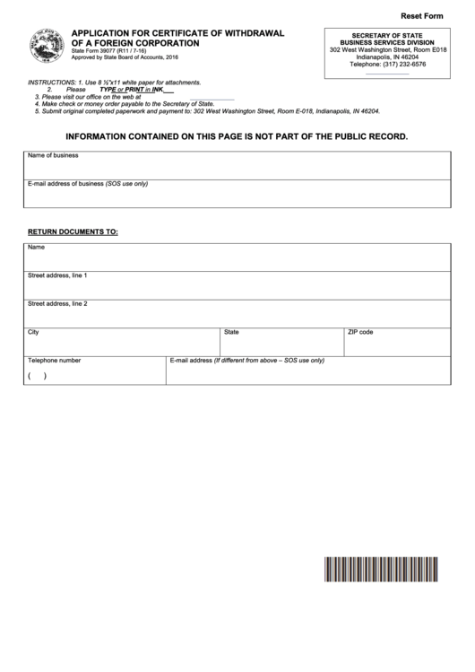 Fillable Form 39077 - Application For Certificate Of Withdrawal Of A Foreign Corporation - Indiana Secretary Of State Printable pdf