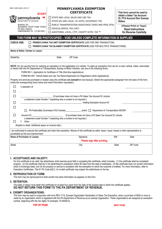 Fillable Form Rev-1220 (As+) - Pennsylvania Exemption Certificate - 2017 Printable pdf