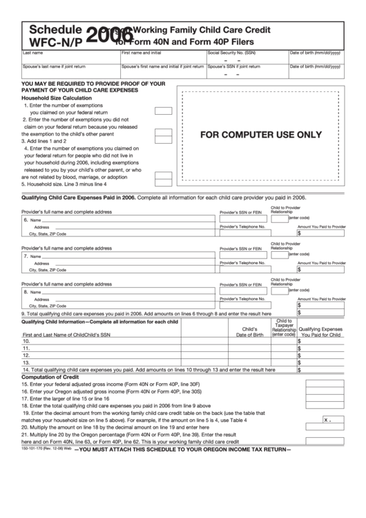 Fillable Form 150-101-170 - Schedule Wfc-N/p - Oregon Working Family Child Care Credit For Form 40n And Form 40p Filers - 2006 Printable pdf