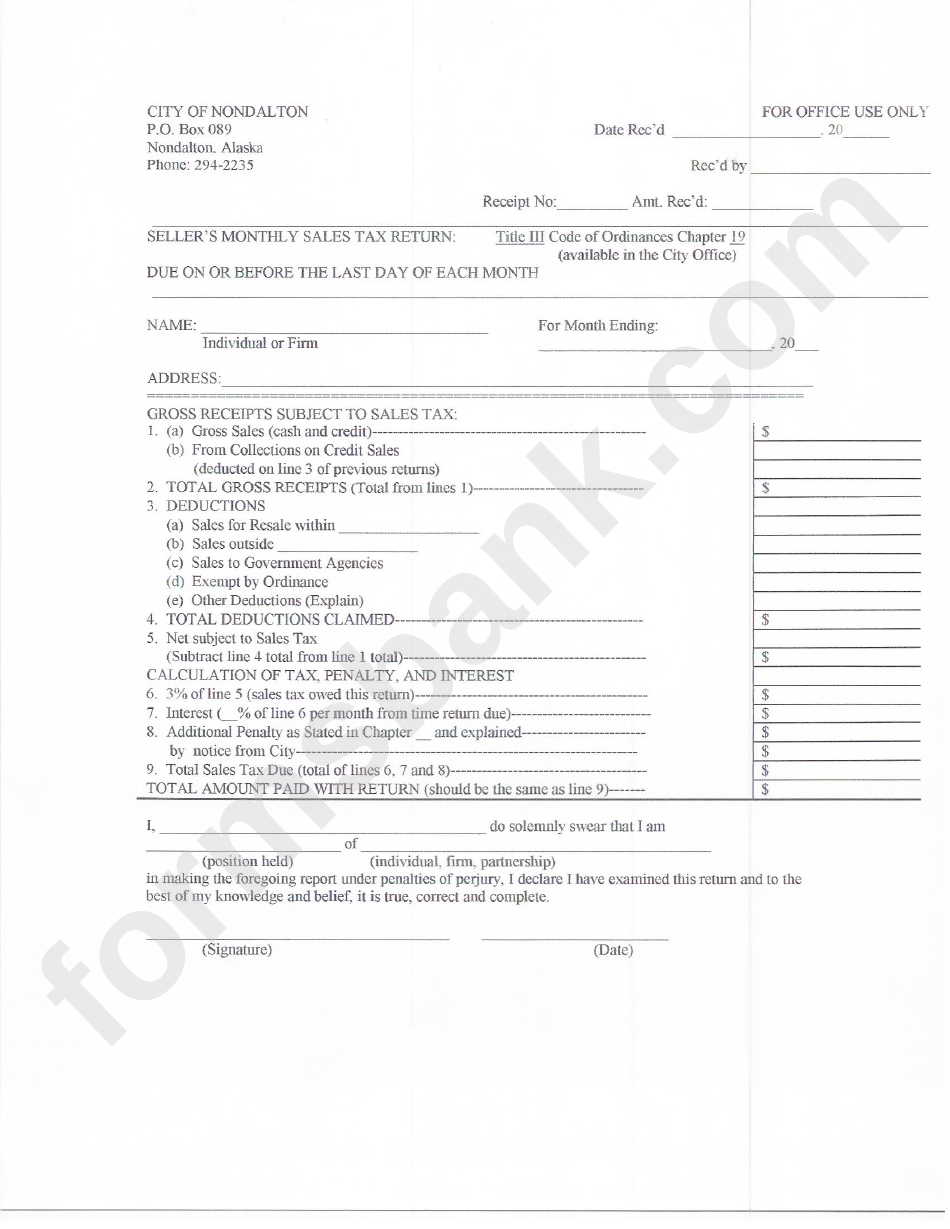 Alaska Seller'S Monthly Sales Tax Return City Of Nondalton printable