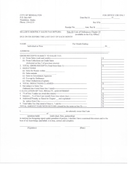 Alaska Seller'S Monthly Sales Tax Return City Of Nondalton printable