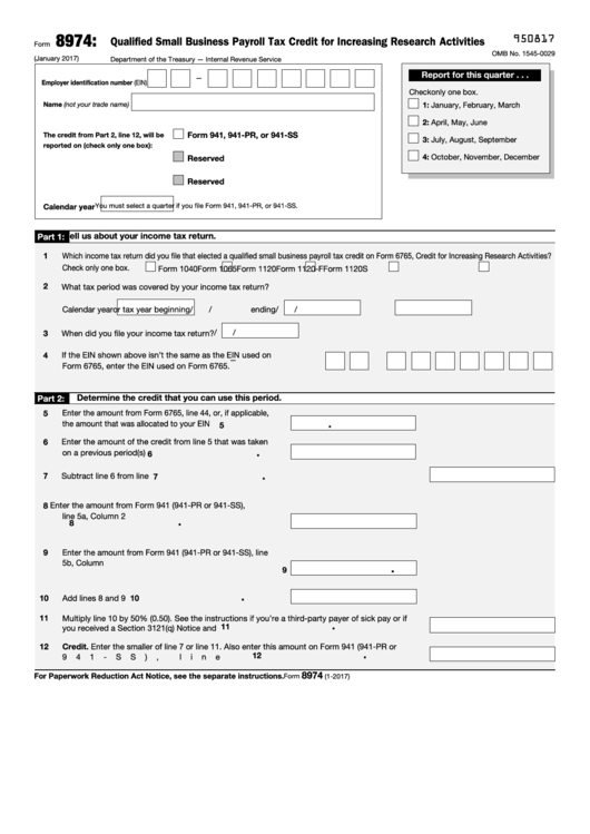 Fillable Form 8974 - Qualified Small Business Payroll Tax Credit For Increasing Research Activities - 2017 Printable pdf