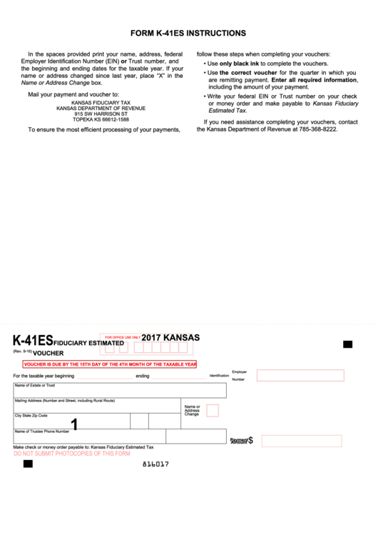 Form K-41es - Quarterly Kansas Fiduciary Estimated Voucher - 2017