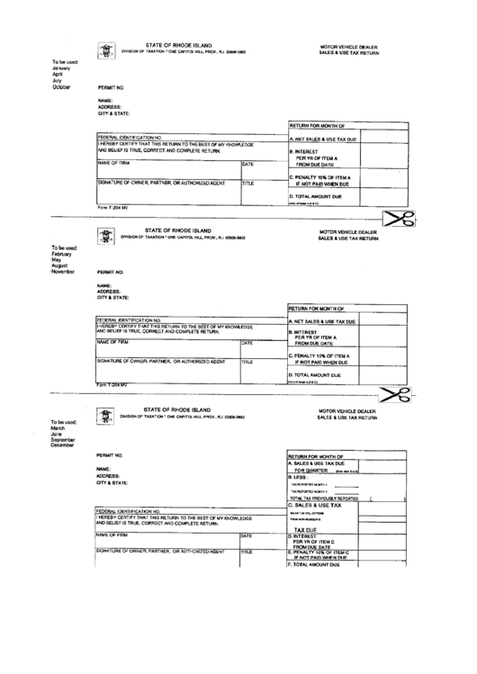 Fillable Form T-204mv - Motor Vehicle Dealer Sales And Use Tax Return Printable pdf