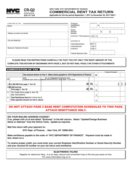 Form Cr-Q2 - Commercial Rent Tax Return - 2016/17 Printable pdf