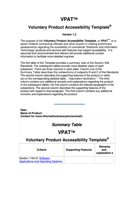 Voluntary Product Accessibility Template printable pdf download