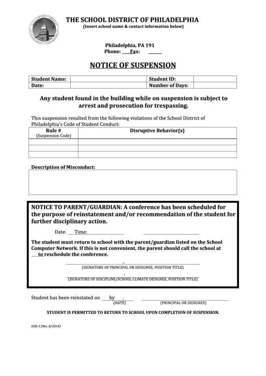 Fillable Form Osr-3 - Notice Of Suspension Printable pdf
