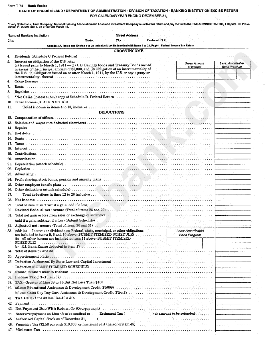 Form T-74 - Banking Institution Excise Return