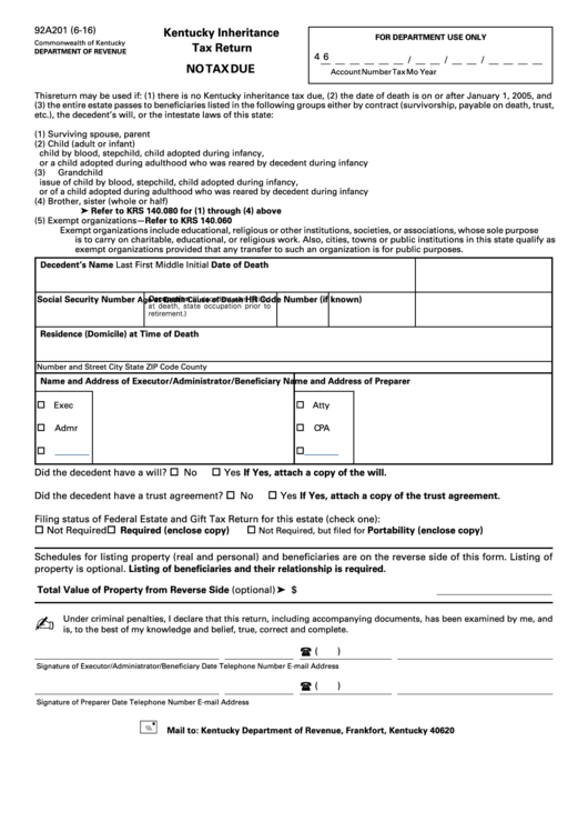 Form 92a201 - Kentucky Inheritance Tax Return - 2016 Printable pdf