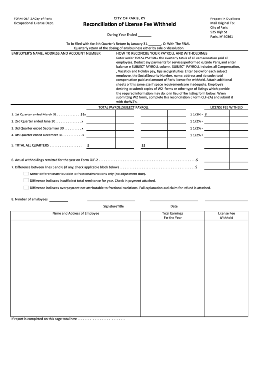 Form Olf-2a - Reconciliation Of License Fee Withheld - City Of Paris Printable pdf