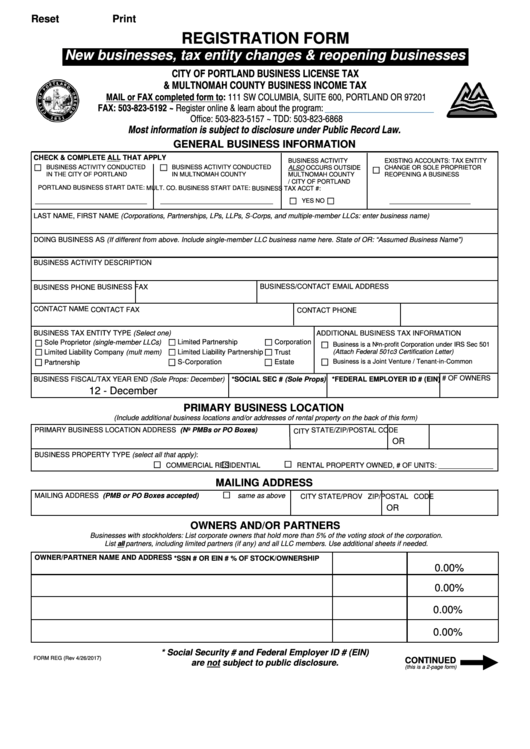 Fillable Form Reg - Registration Form For New Businesses, Tax Entity Changes & Reopening Businesses - City Of Portland - 2017 Printable pdf