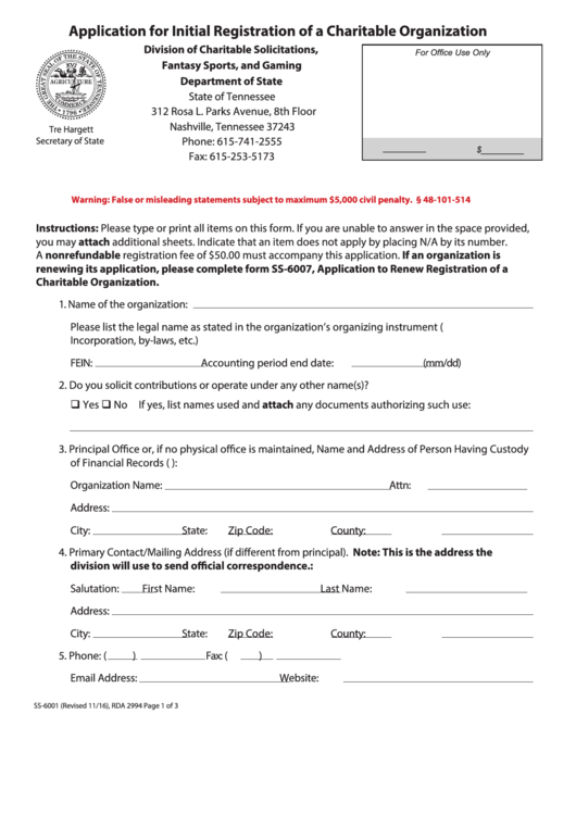 Fillable Form Ss-6001 - Application For Initial Registration Of A Charitable Organization - 2016 Printable pdf