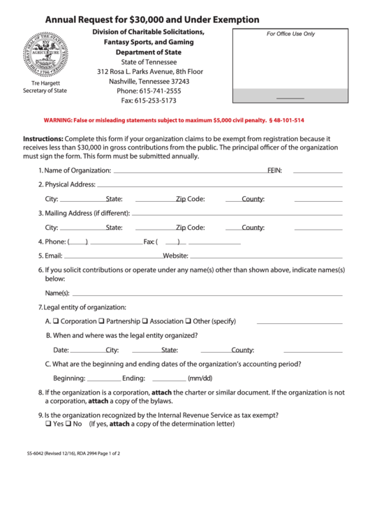 Fillable Form Ss-6042 - Annual Request For 30,000 Dollars And Under Exemption - 2016 Printable pdf
