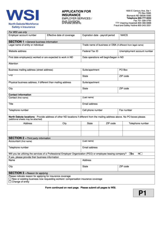 Application For Insurance - North Dakota Workforce Safety And Insurance
