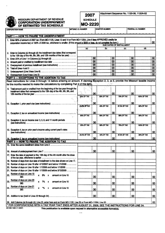 Form Mo-860-1093, Schedule Mo-2220 - Corporation Underpayment Of Estimated Tax Schedule - 2007 Printable pdf