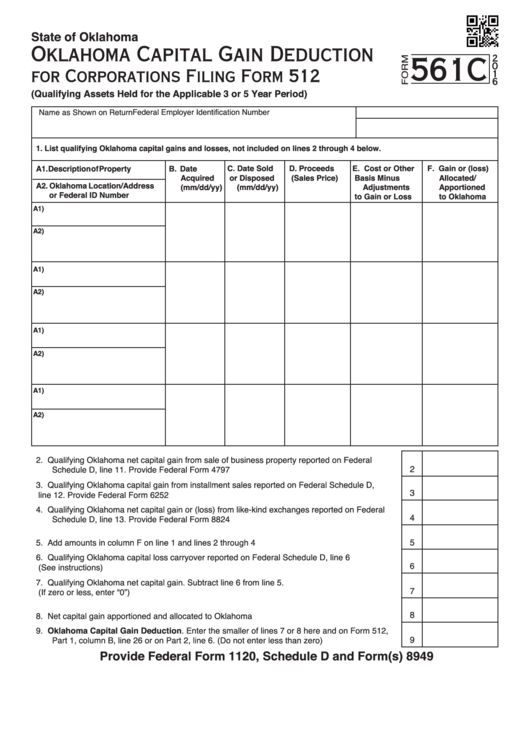 Fillable Form 561c - Oklahoma Capital Gain Deduction For Corporations Filing Form 512 - 2016 Printable pdf