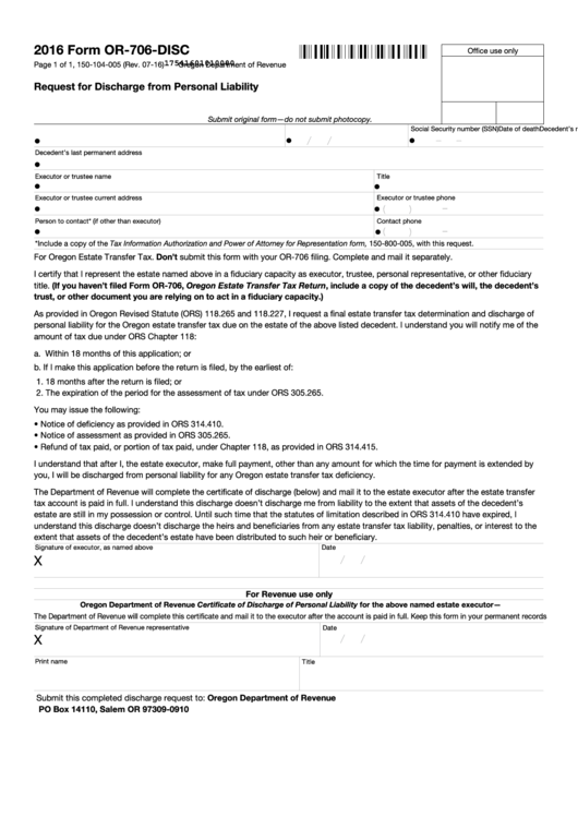 Form Or-706-Disc - Request For Discharge From Personal Liability - 2016 Printable pdf