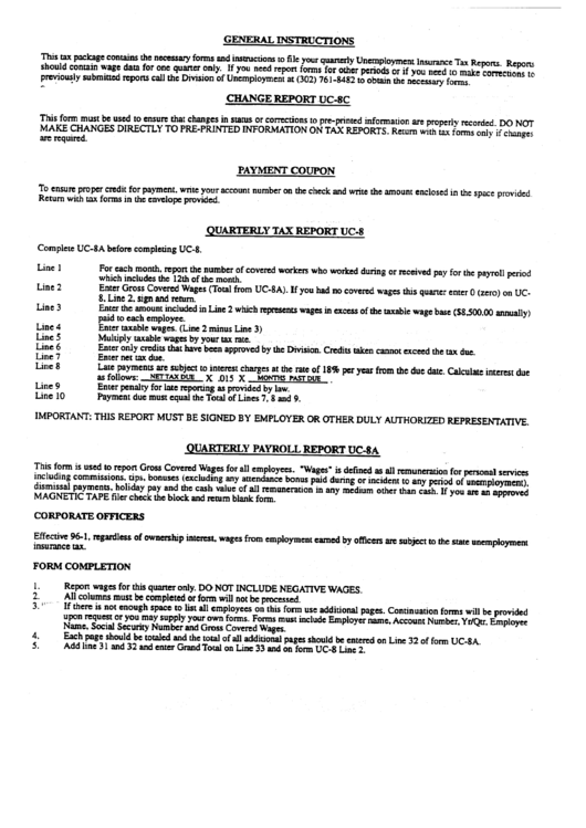 Form Uc-8 Instructions - Quarterly Tax Report Printable pdf