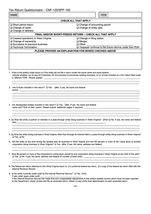 Fillable Form Cnf-120/spf-100 - Tax Return Questionnaire Printable pdf