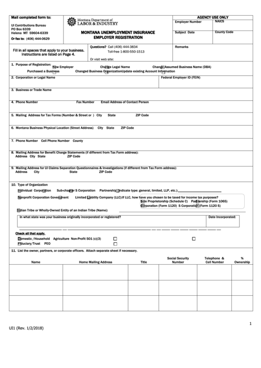 Form U11 - Unemployment Insurance Employer Registration - Montana Department Of Labor And Industry Printable pdf