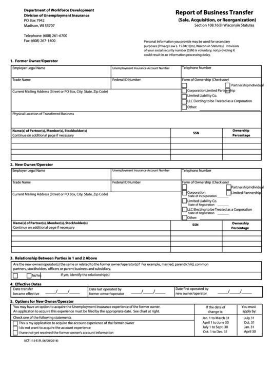 Fillable Form Uct-115-E - Report Of Business Transfer (Sale, Acquisition, Or Reorganization) - Wisconsin Department Of Workforce Development - 2016 Printable pdf