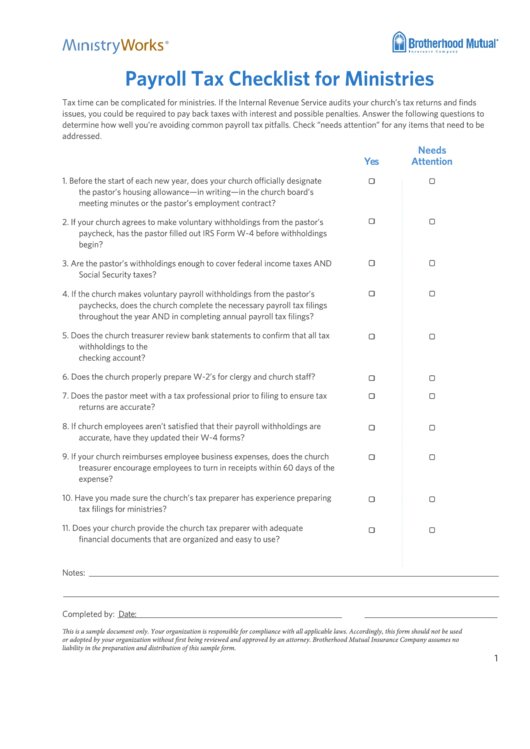 Payroll Tax Checklist For Ministries Printable pdf