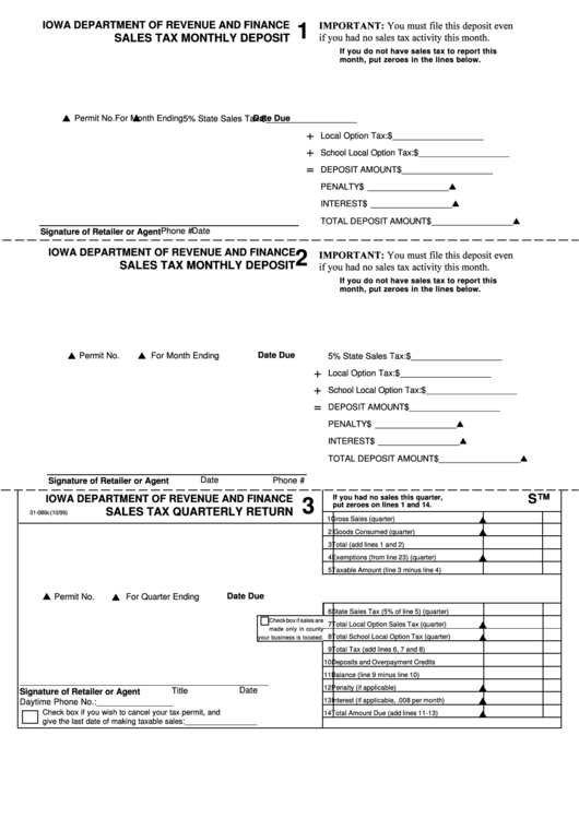 Form 31-089c - Sales Tax Monthly Deposit- 1999 printable pdf download