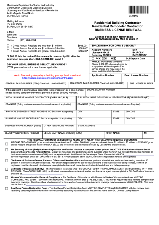 Fillable Form Cc0195 - Residential Building Contractor Residential Remodeler Contractor Business License Renewal -Minnesota Department Of Labor And Industry Printable pdf