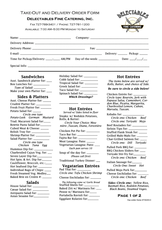 Take-Out And Delivery Order Form Printable pdf