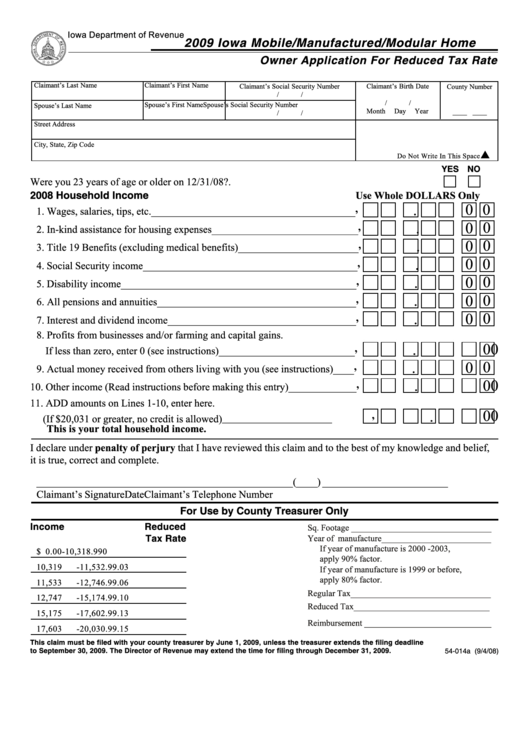 Form 54-014a - Iowa Mobile/manufactured/modular Home Owner Application For Reduced Tax Rate - Iowa Department Of Revenue - 2009 Printable pdf