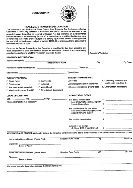 Real Estate Transfer Declaration - Cook County Printable pdf