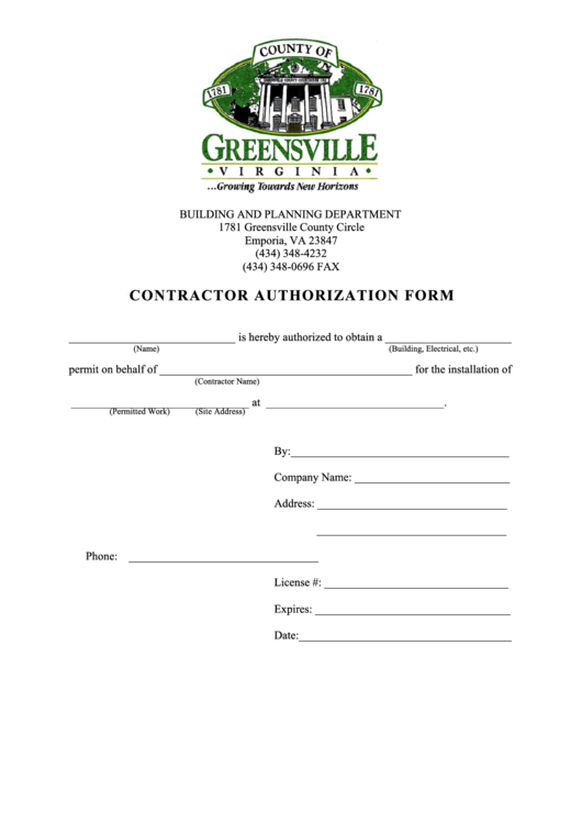 Contractor Authorization Form - Virginia Building And Planning Department Printable pdf