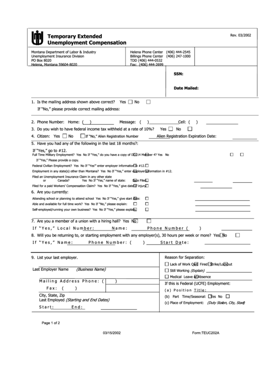 Form Teuc202a - Temporary Extended Unemployment Compensation