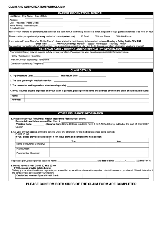 Claim And Authorization Form Printable pdf