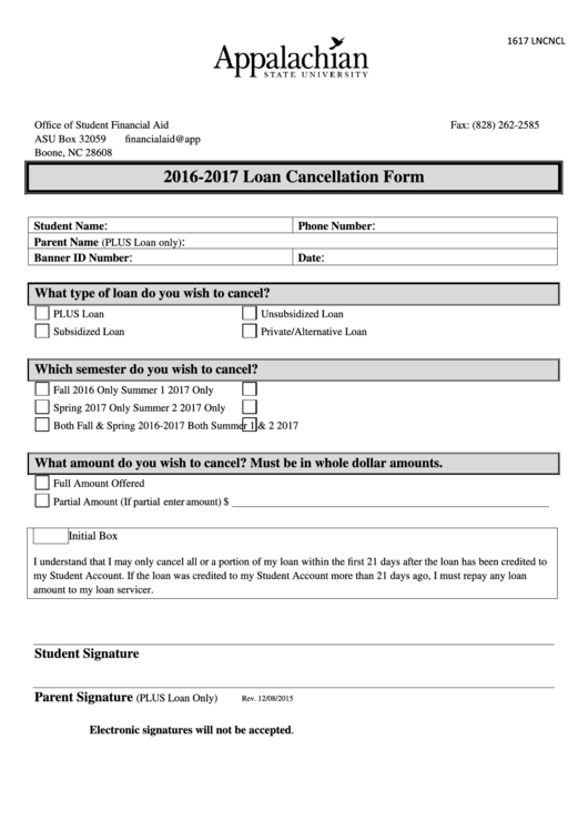 2016-2017 Loan Cancellation Form Printable pdf