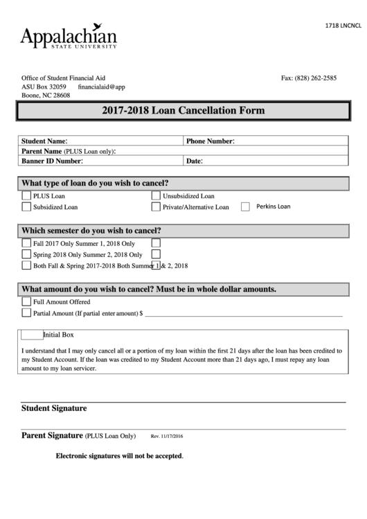 2017-2018 Loan Cancellation Form Printable pdf