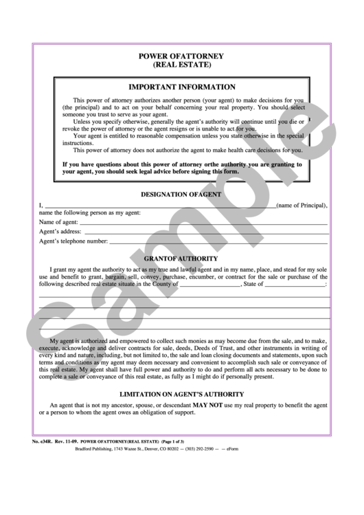 Form E34r Sample - Power Of Attorney (real Estate) - 2009